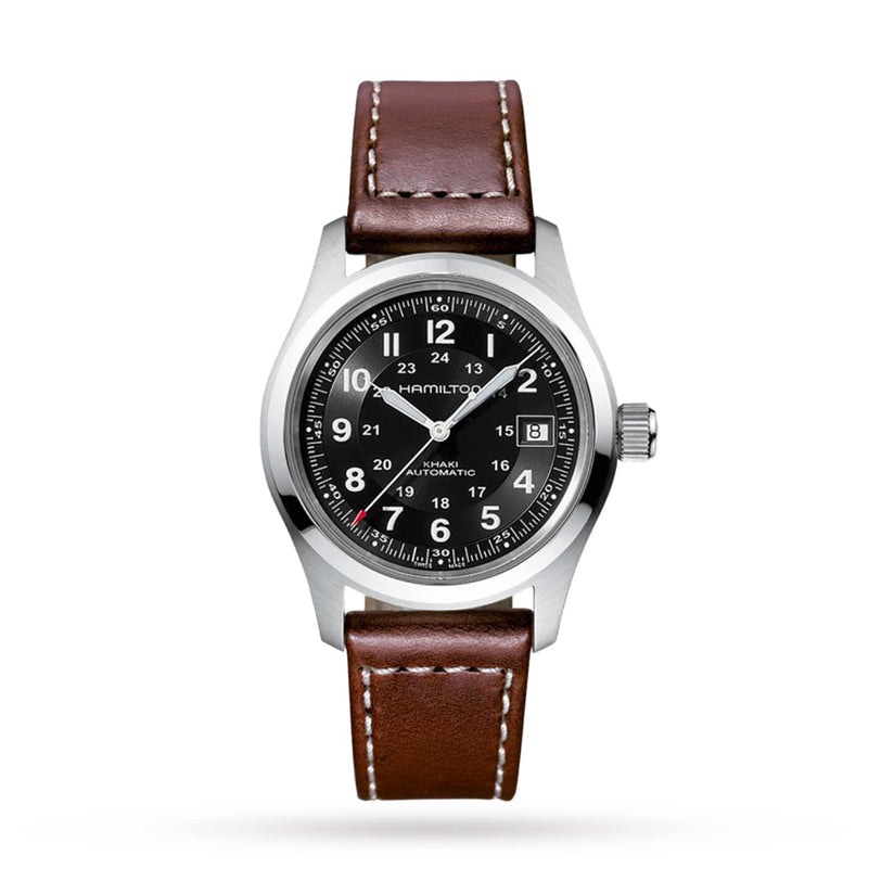 The Hamilton Khaki Field Auto wristwatch features a black dial with white numerals, date window at 3 o’clock, and a brown leather strap with white stitching, all in a robust, military-inspired design.