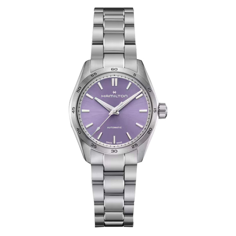 The Hamilton Jazzmaster Performer Auto features a stainless steel case, purple dial with silver hour markers, and a matching metal link bracelet.