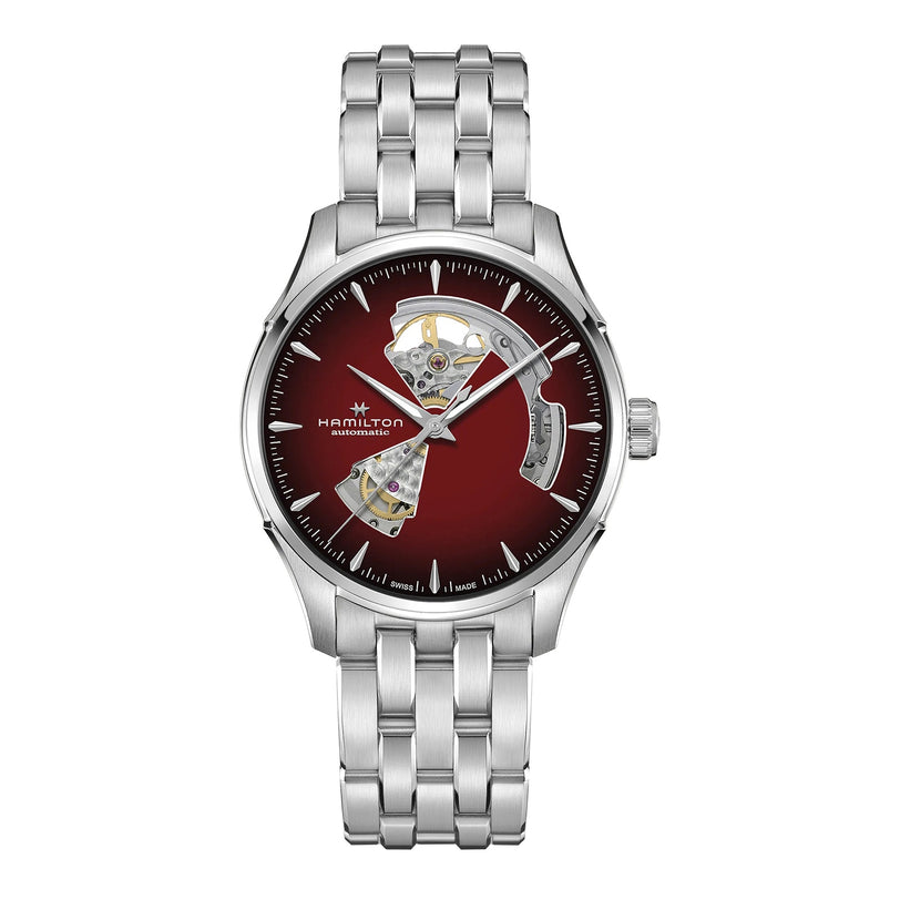 The Hamilton Jazzmaster Open Heart Auto is a stainless steel wristwatch featuring a silver bracelet, red gradient dial, and an exposed automatic movement visible through cut-outs on the face.