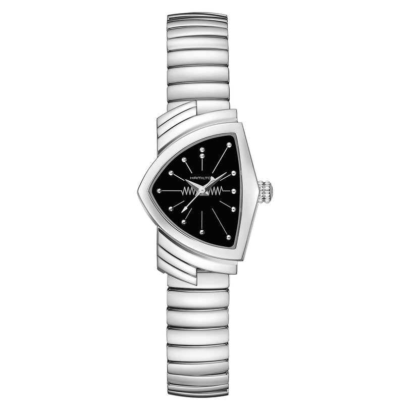 The Hamilton Ventura S Quartz is a silver wristwatch inspired by Mid-Century Modern design, featuring a unique triangular black dial with silver hour markers and a segmented, flexible bracelet for comfort and style.