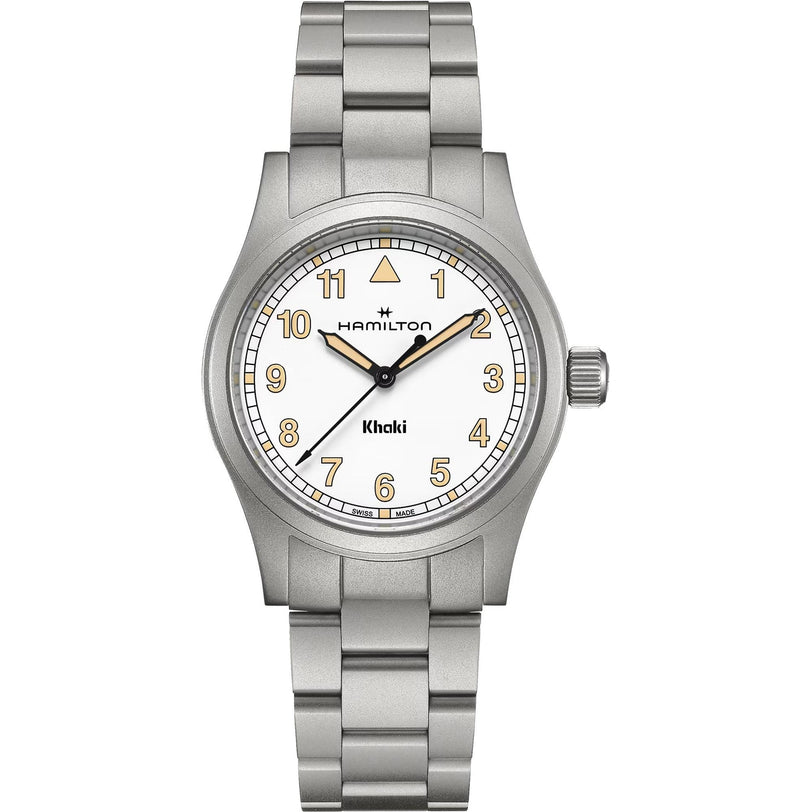 A Hamilton Khaki Field Quartz 33mm wristwatch with a silver case, white dial, and yellow numerals.
