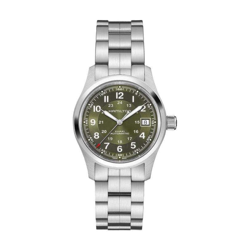 Hamilton Khaki Field Auto 38mm wristwatch featuring a silver case, green dial, numeric markers, and a date window at 3 o’clock.