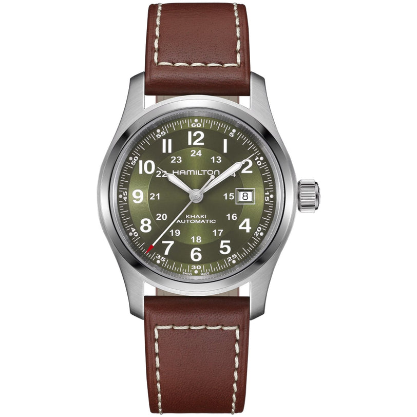 The Hamilton Khaki Field Auto 42mm features a green dial, brown leather strap, and a silver case.