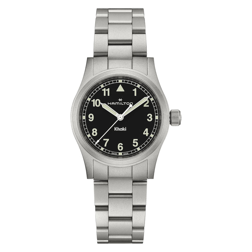 The Hamilton Khaki Field Quartz 33mm is a stainless steel wristwatch with a black dial, white numerals, and silver hands—a classic timepiece designed for adventure.