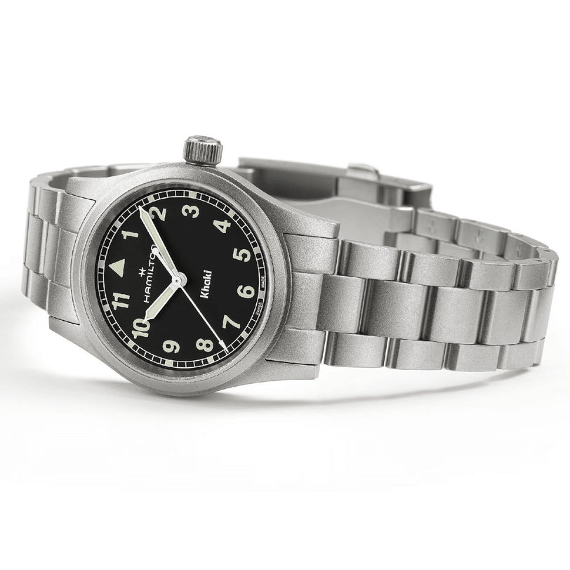 The Hamilton Khaki Field Quartz 33mm features a stainless steel case, black dial with white numerals, silver hands, and a metal link band with closed clasp—ideal for your next adventure.