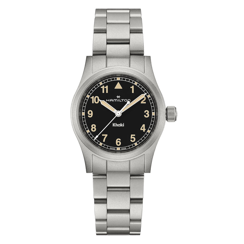 The Hamilton Khaki Field Quartz 33mm is a durable stainless steel watch with a black dial, white numerals, and metal bracelet—photographed from above, it’s ideal for adventure and exploration enthusiasts.