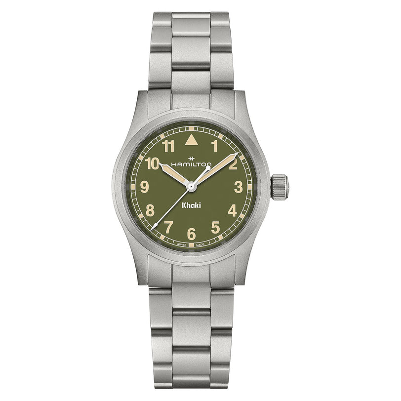 The Hamilton Khaki Field Quartz 33mm features a stainless steel case, green dial with Arabic numerals, silver hands, and the iconic Hamilton branding—capturing adventure and the brand’s legacy in every detail.