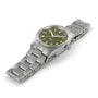 The Hamilton Khaki Field Quartz 33mm features a silver metal case, olive green dial with white numerals, and a metal link band—showcasing Hamilton’s adventurous spirit. Shown on a white background.