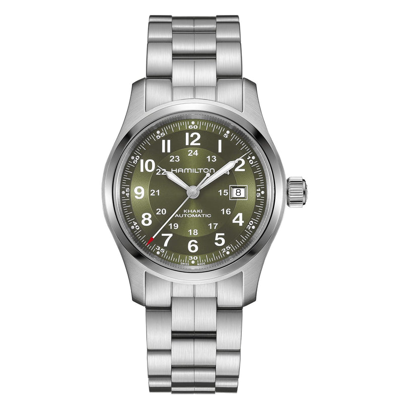 The Hamilton Khaki Field Auto 42mm features a stainless steel case, green dial with white numerals, H-10 automatic movement, date at 3 oclock, and a metal bracelet—reflecting the brands military heritage.