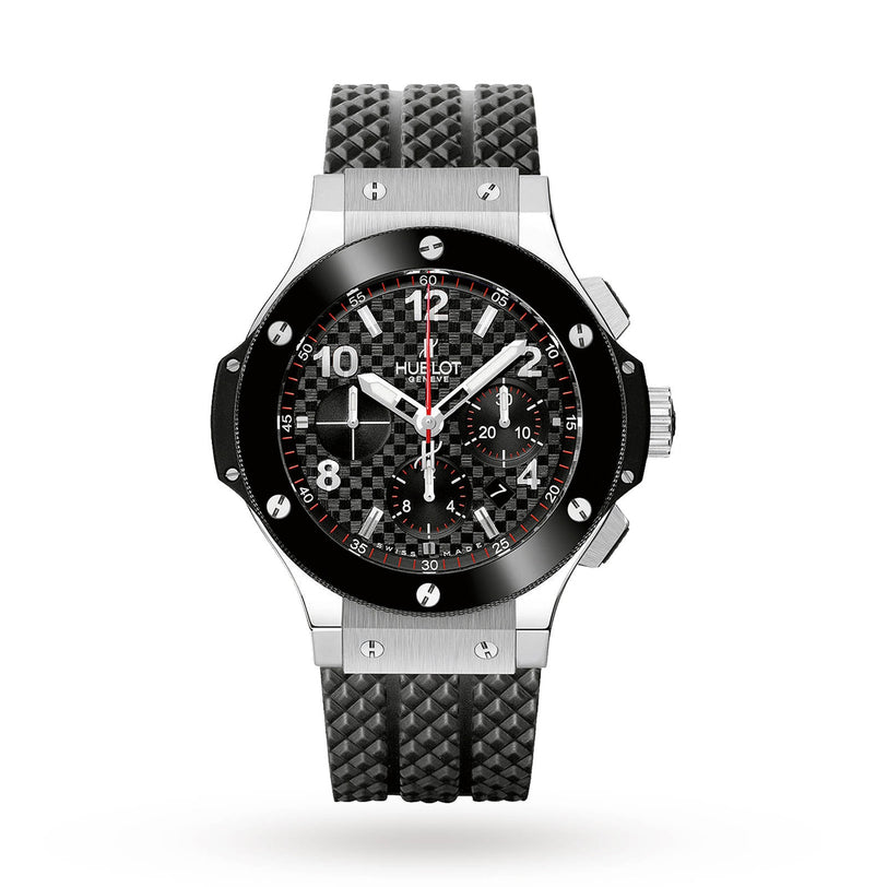 The Hublot Big Bang Original Steel Ceramic features a black textured strap, silver-tone bezel with screws, and a black automatic chronograph dial with white and red accents—crafted from advanced materials for a modern look.