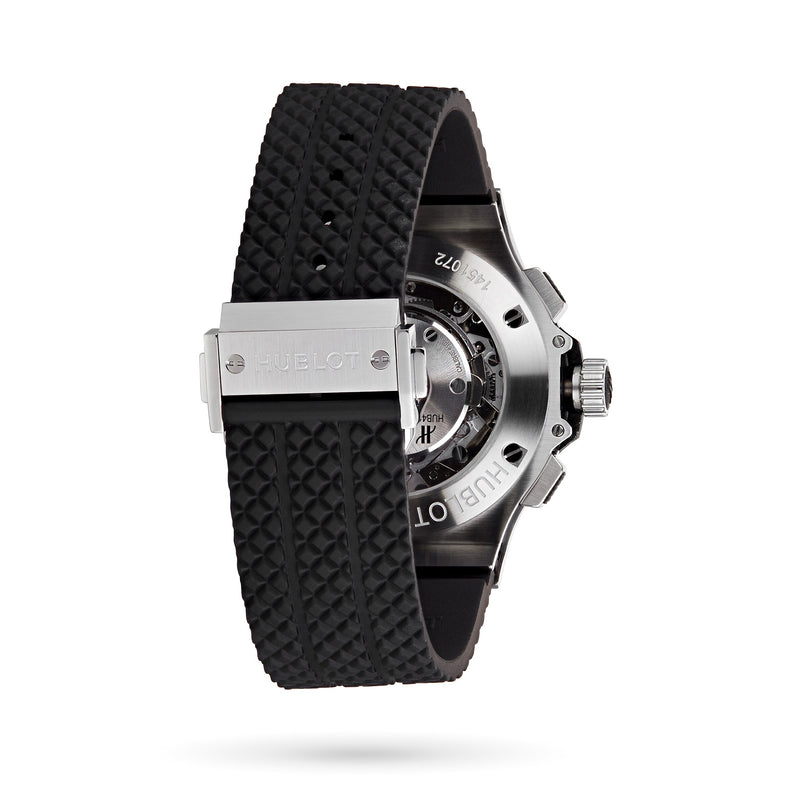 Back view of a Hublot Big Bang Original Steel Ceramic, featuring a black textured rubber strap, stainless steel clasp engraved with Hublot, high-tech materials, and visible inner workings through the transparent case back.