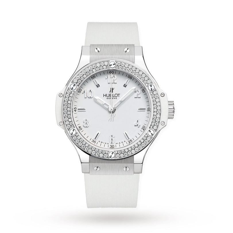 The Hublot Big Bang Steel White Diamonds wristwatch features a white strap, stainless steel bezel set with 126 diamonds, silver hour markers, and three hands, displayed against a plain white background.
