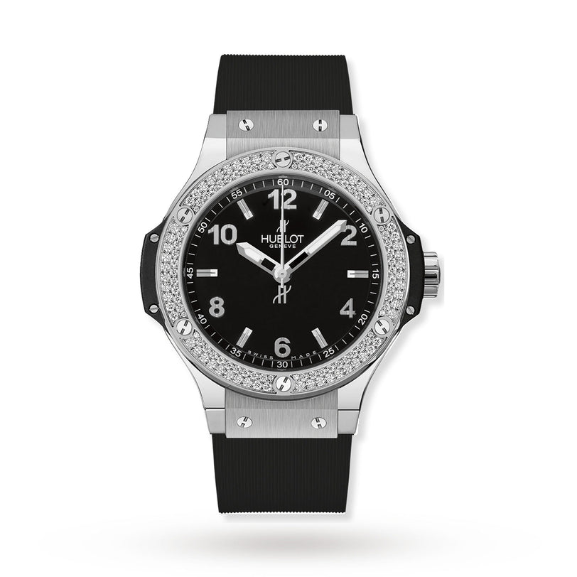 A Hublot Big Bang Steel Diamonds wristwatch featuring a diamond-studded bezel, stainless steel case, black dial with white hour markers, and a black rubber strap, shown against a white background.