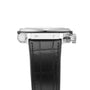 Side view of the Hublot Classic Fusion Chronograph Titanium, featuring a silver case and a black textured leather strap.