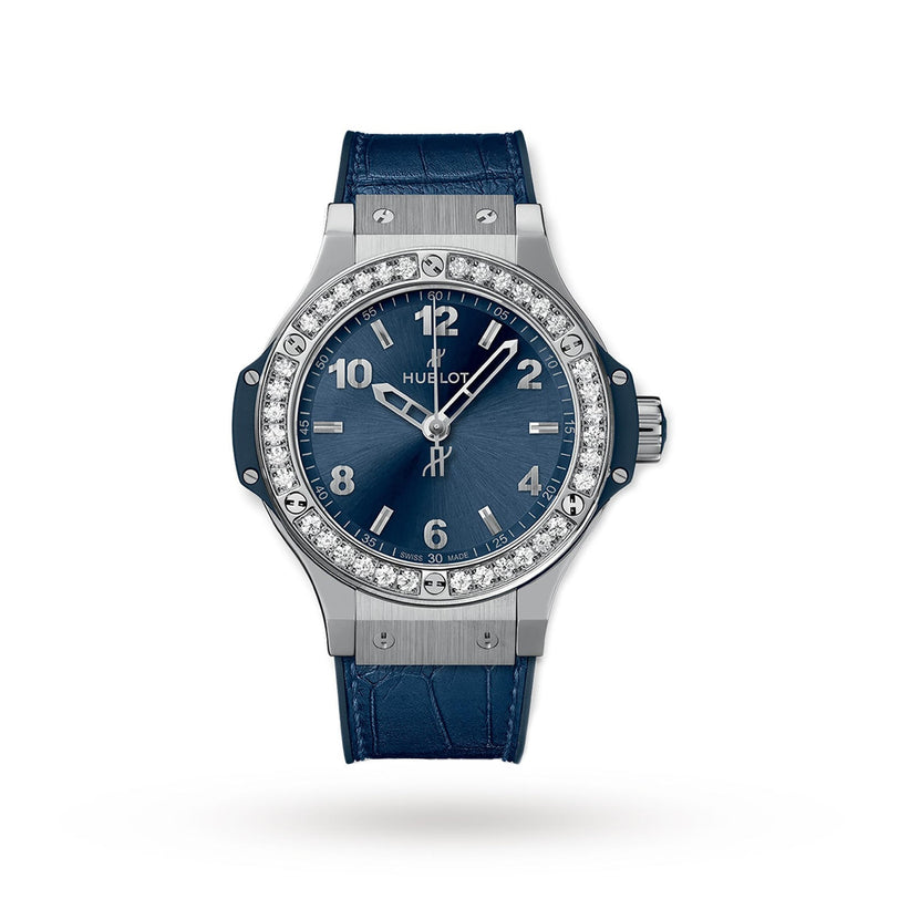 The Hublot Big Bang Steel Blue Diamonds watch features a silver case, blue leather strap, blue sunray dial, silver hour markers, and a stainless steel bezel adorned with 36 diamonds, displayed against a plain white background.