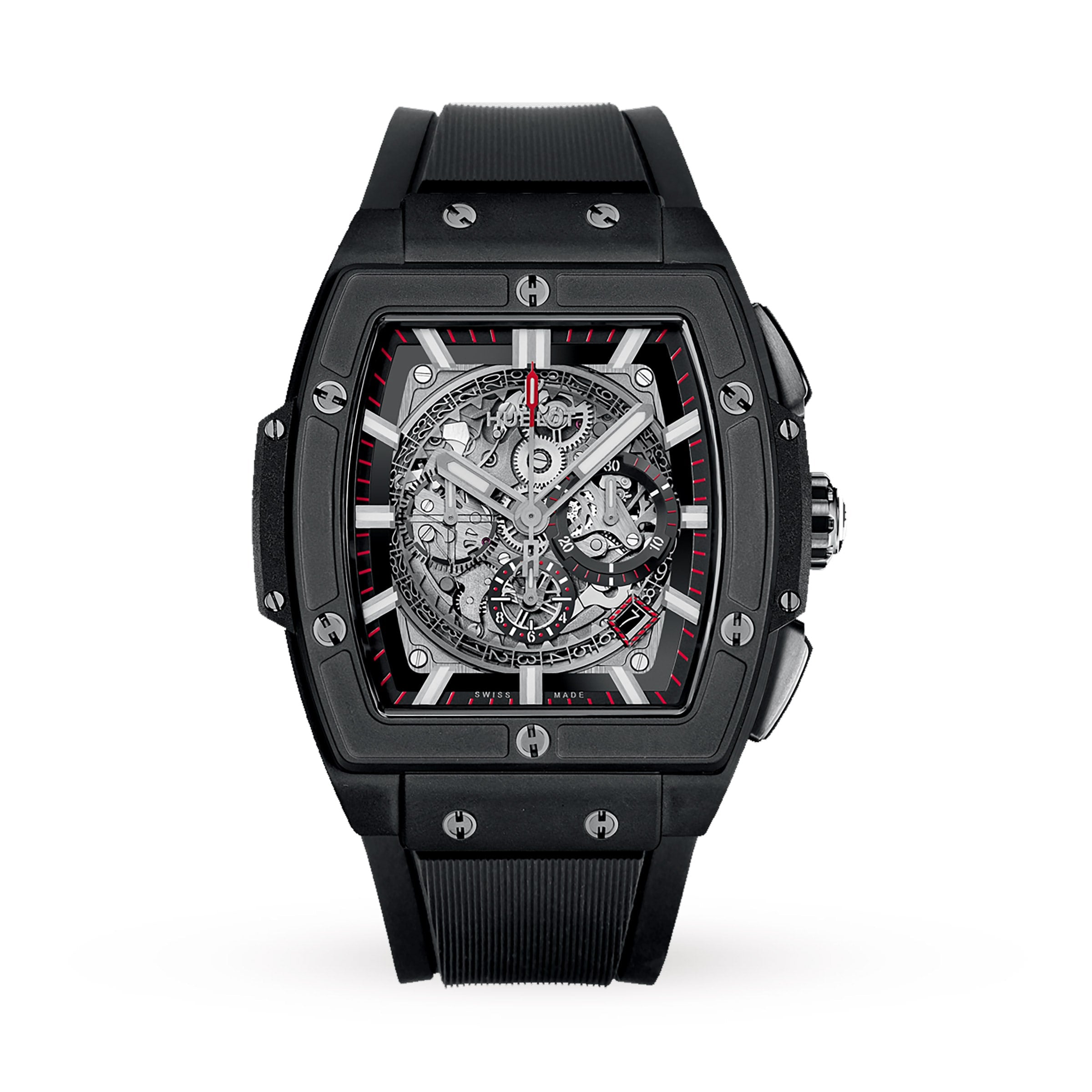 The Hublot Spirit of Big Bang Chronograph Black Magic is a black, rectangular luxury watch with a skeleton dial, red accents, visible gears, metallic bezel screws, black ceramic case, and black rubber strap.
