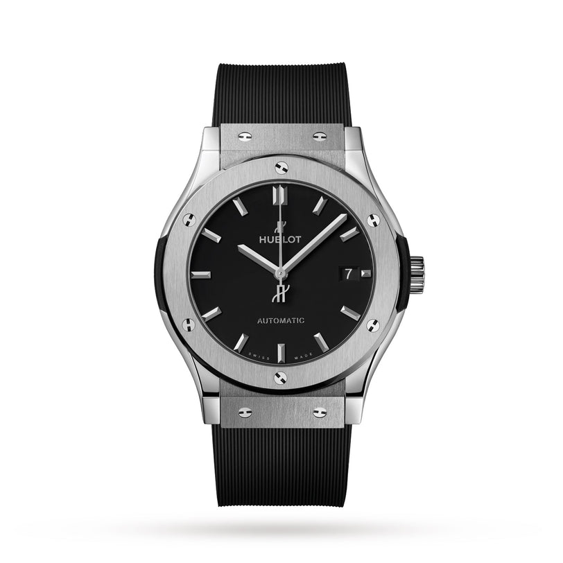 The Hublot Classic Fusion Titanium features a black rubber strap, silver hour markers, and a date display.