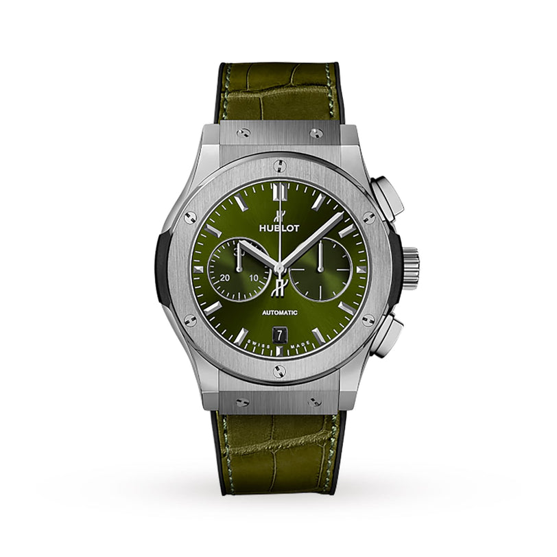 A Hublot Classic Fusion Chronograph Titanium Green wristwatch, featuring a green sunray dial and a green leather strap, is displayed against a white background.