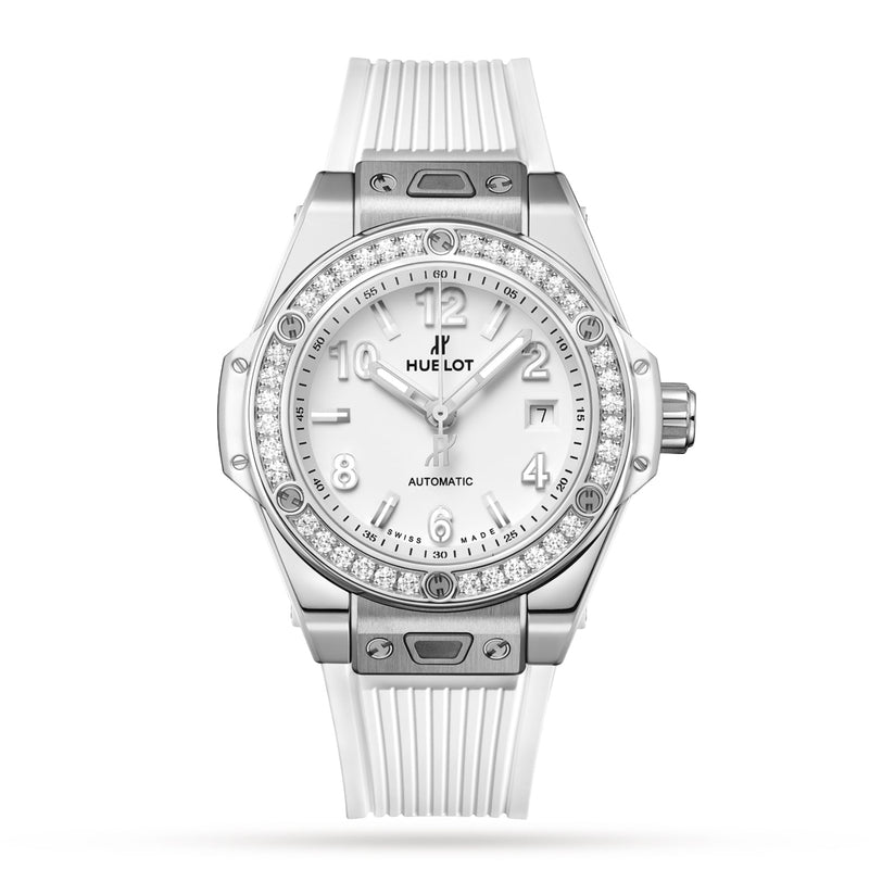 A Hublot Big Bang One Click Steel White Diamonds watch with a white strap, diamond-set stainless steel bezel, silver dial, and self-winding movement, displayed against a white background.