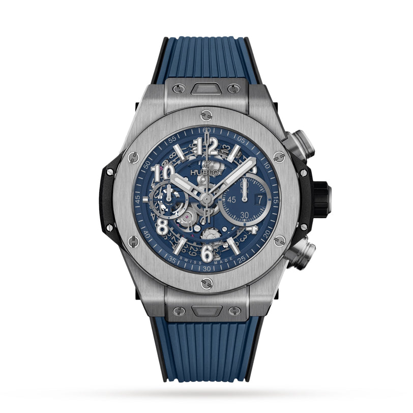 The Hublot Big Bang Unico Titanium Blue is a chronograph wristwatch with a titanium case, blue rubber strap, and an eye-catching skeleton dial that reveals its intricate mechanical movement.