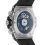 Close-up of the Hublot Big Bang Unico Titanium Blue, showing its transparent case back and visible mechanical movement inside a sleek titanium case.