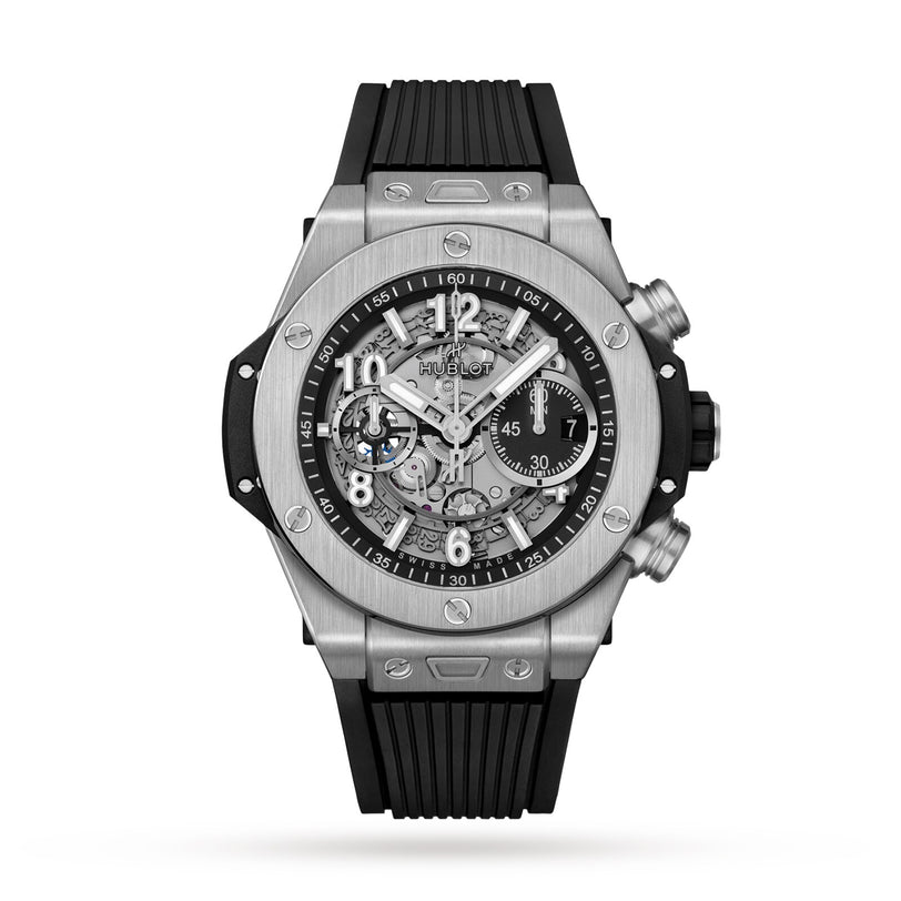 The Hublot Big Bang Unico Titanium is a luxury watch with a titanium case, silver and black skeleton dial, chronograph subdials, large numerals, and a black rubber strap.
