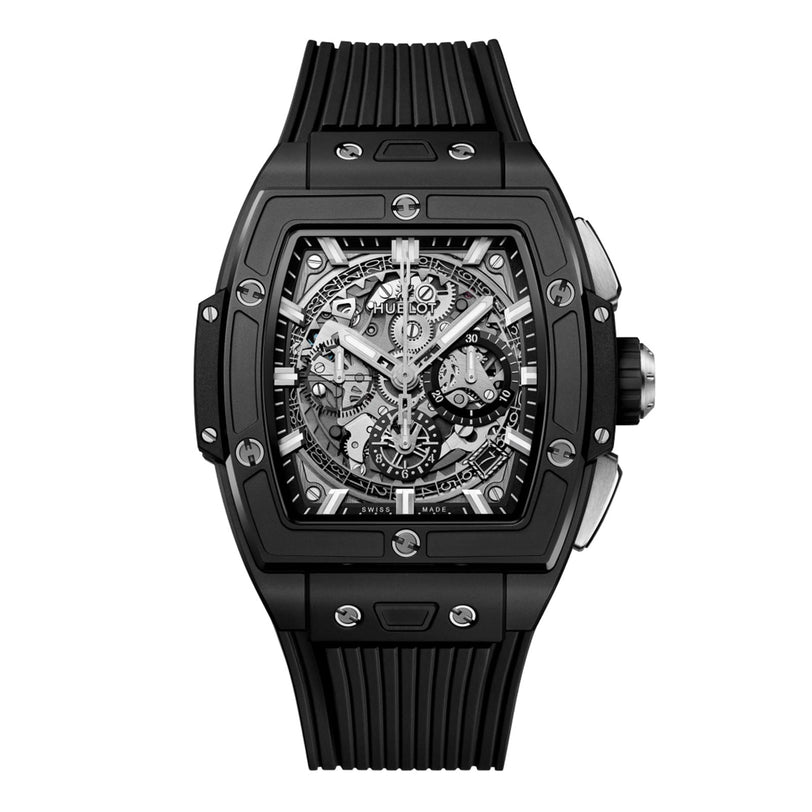 The Hublot Spirit Of Big Bang Black Magic features a bold black skeleton dial, rectangular ceramic case, exposed gears, and a black textured rubber strap—ideal for fans of the iconic Big Bang style.