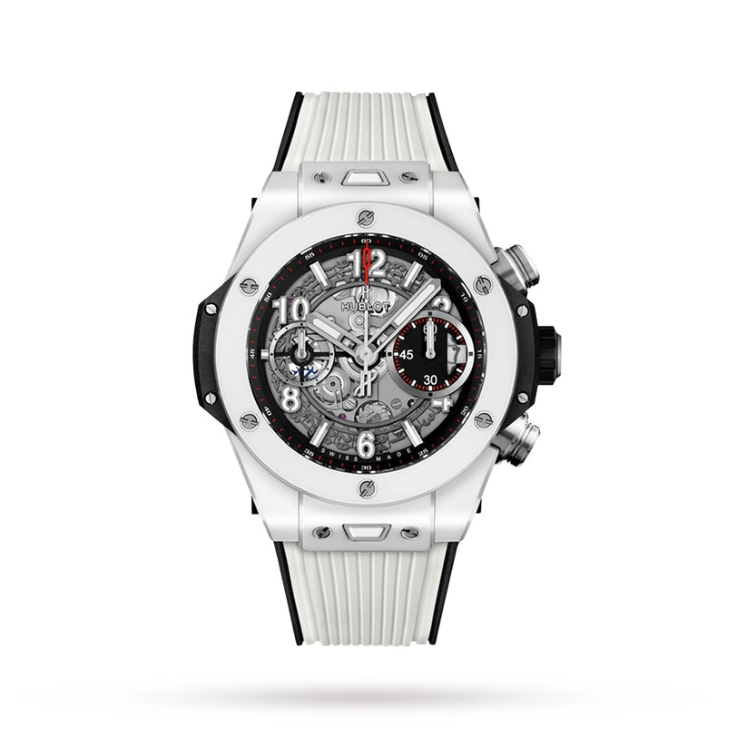 The Hublot Big Bang Unico White Ceramic is a white and black chronograph with a skeleton dial, silver bezel, high-tech ceramic details, and a ribbed white strap—shown on a plain white background.