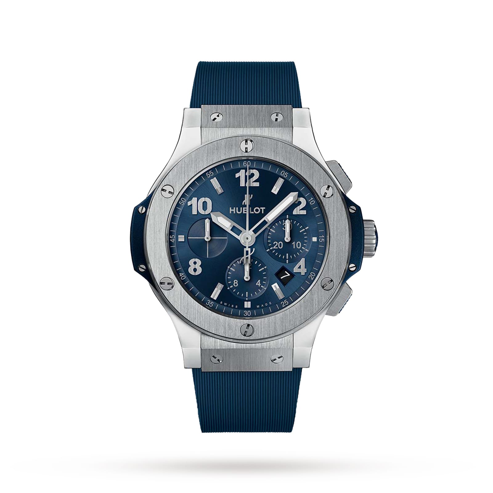 A Hublot Big Bang Original Steel Blue automatic chronograph wristwatch with blue dial, Arabic numerals, and a blue rubber strap, shown on a white background.