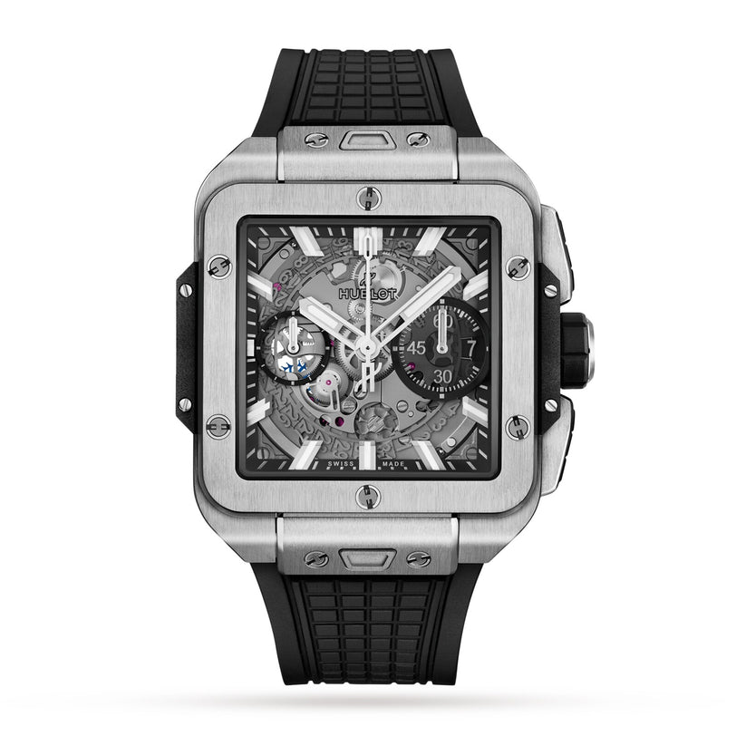 The Hublot Square Bang Unico Titanium is a luxury wristwatch with a square titanium case, visible skeleton dial, black chronograph subdials, and a sleek black rubber strap.