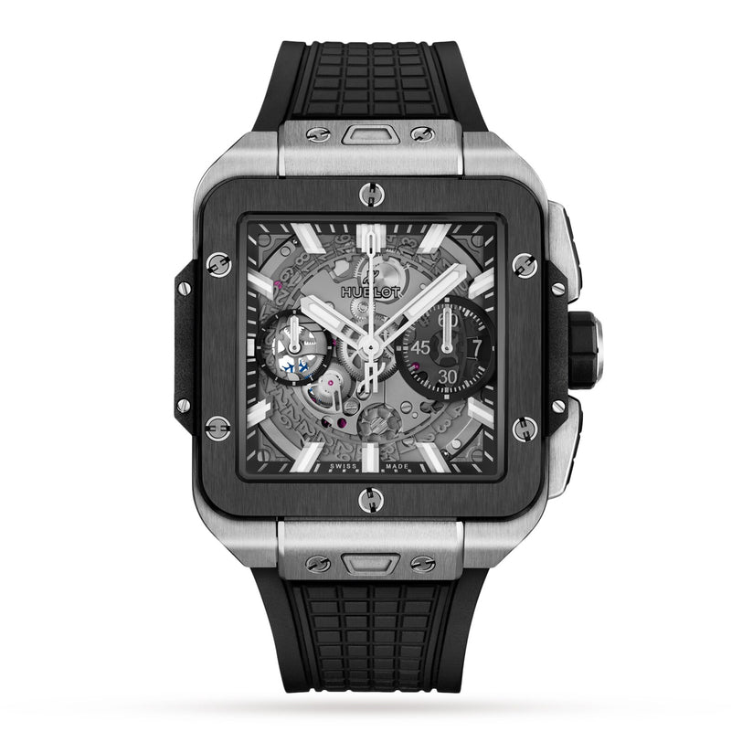 The Hublot Square Bang Unico Titanium Ceramic features a square skeleton dial, sapphire crystal, silver and black accents, chronograph subdials, and a black rubber strap.