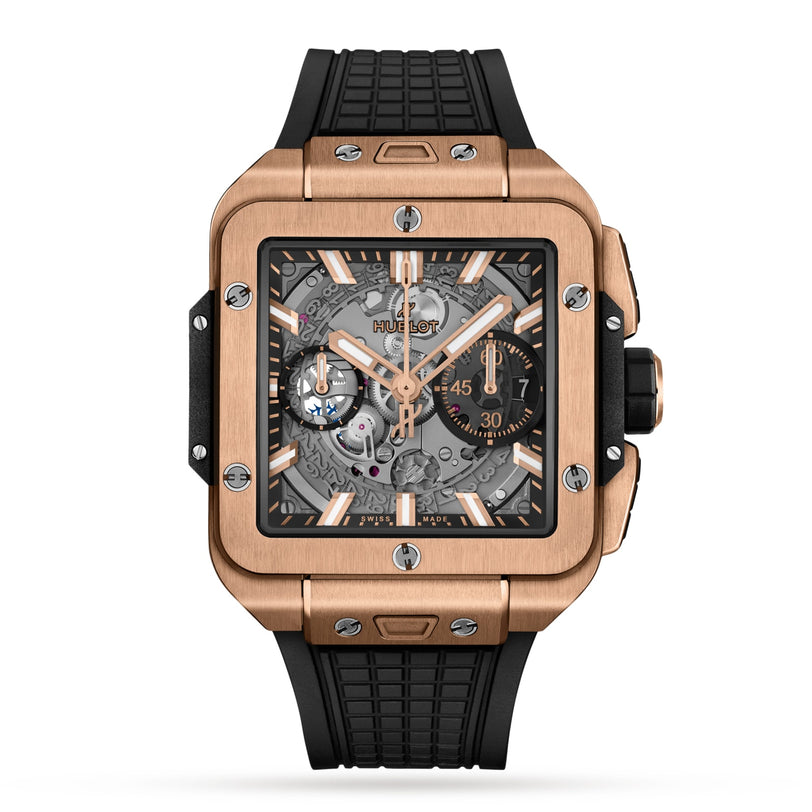 The Hublot Square Bang Unico King Gold features a square face, 18K King Gold bezel, black strap, exposed gears on the dial with subdials, and is powered by the Unico 2 calibre movement.