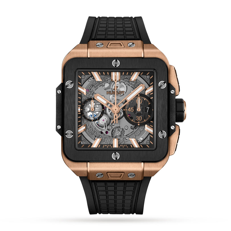 The Hublot Square Bang Unico King Gold Ceramic wristwatch features exposed gears, 18K King gold and black accents, three subdials, HUB1280 UNICO movement, and a black rubber strap, elegantly displayed on a white background.