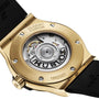 Close-up of the back of the Hublot Classic Fusion Original Yellow Gold, highlighting its 18K yellow gold case, black strap, and the HUB1110 self-winding calibre visible through a transparent caseback.