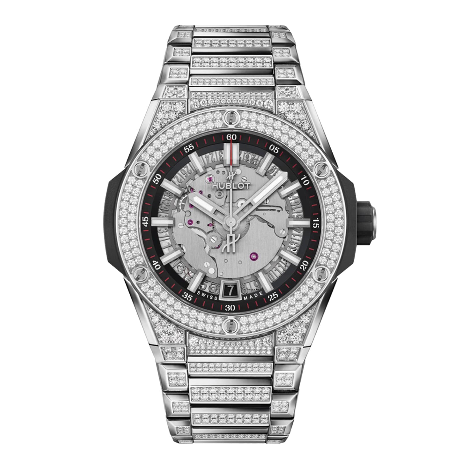The Hublot Big Bang Integrated Time Only Titanium Pavé wristwatch features a titanium case, skeleton dial with black accents, and a diamond-encrusted bracelet.