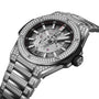 The Hublot Big Bang Integrated Time Only Titanium Pavé is a luxury silver wristwatch with a titanium case, skeleton dial, date display, and pavé-set diamonds on the bezel and bracelet for an exquisite appearance.