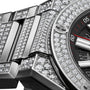 Close-up of the Hublot Big Bang Integrated Time Only Titanium Pavé, a luxury wristwatch with a titanium case, metal band, and diamond-encrusted bezel and bracelet—an exquisite piece from Hublot.