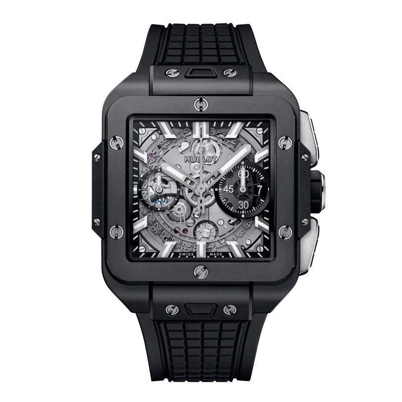 The Hublot Square Bang Unico Black Magic features a sapphire crystal skeleton dial, visible mechanical components, and a black rubber strap powered by the UNICO movement.