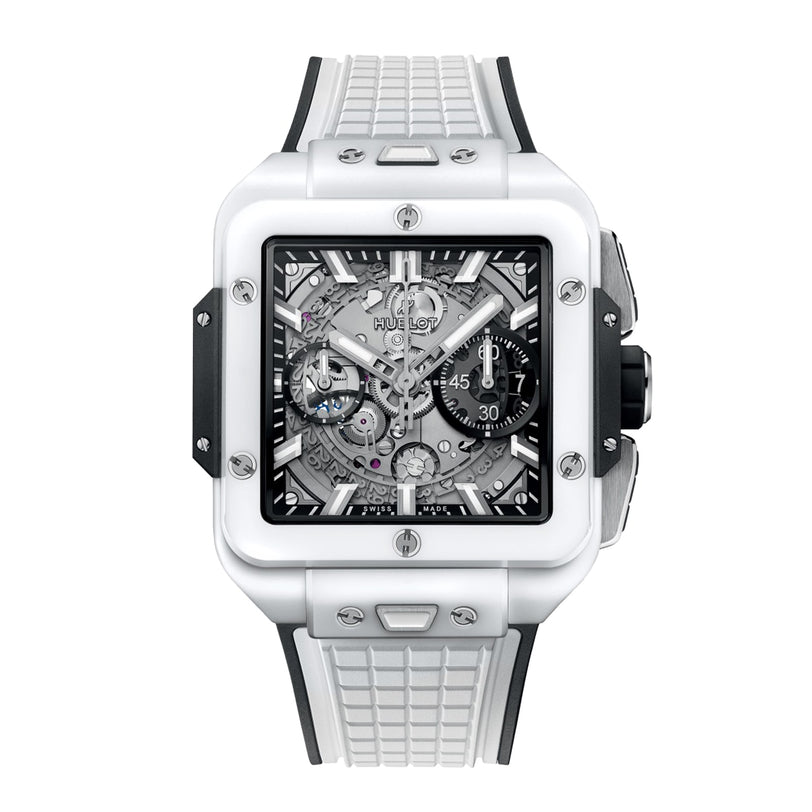 The Hublot Square Bang Unico White Ceramic features a white ceramic case and band, visible gears, three subdials on a skeleton dial, and advanced Unico movement.