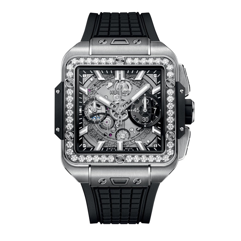 The Hublot Square Bang Unico Titanium Diamonds features a titanium case, skeleton dial, diamond-set bezel, silver accents, black subdials and rubber strap. Powered by the HUB1280 UNICO movement for exceptional style and precision.