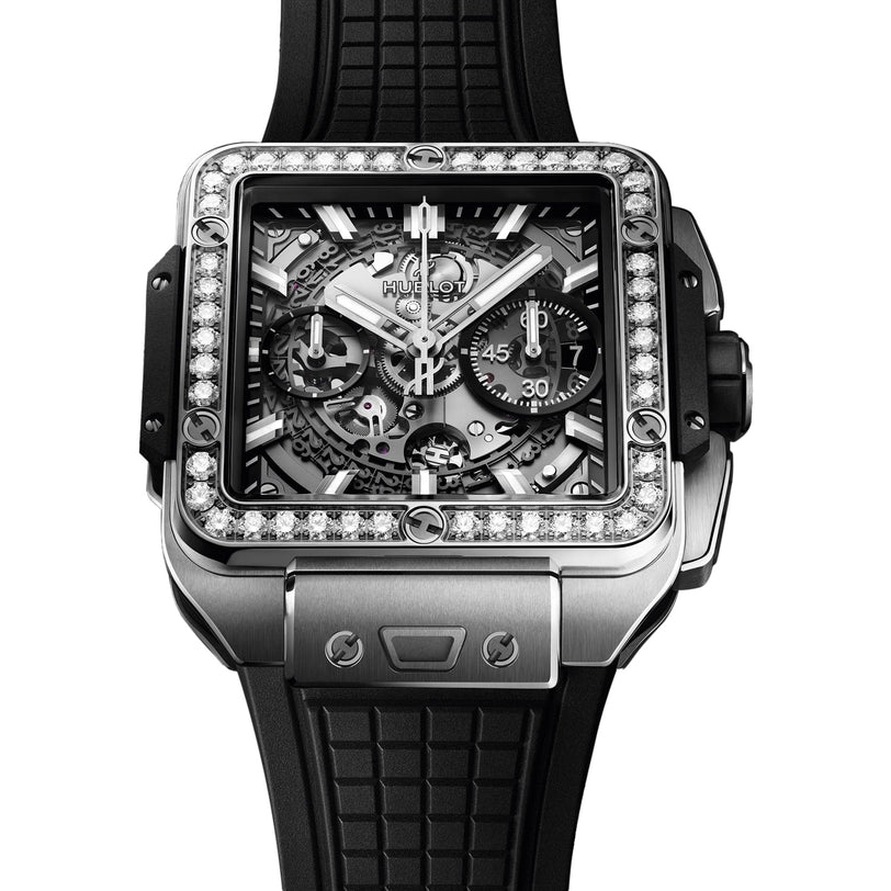 The Hublot Square Bang Unico Titanium Diamonds features a titanium case, skeleton dial, diamond-set bezel, chronograph subdials, and a black textured rubber strap.