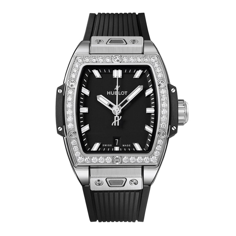 The Hublot Spirit Of Big Bang Steel Diamonds wristwatch features a black face, silver markers, diamond bezel, black rubber strap, date display, and Swiss Made at the bottom.