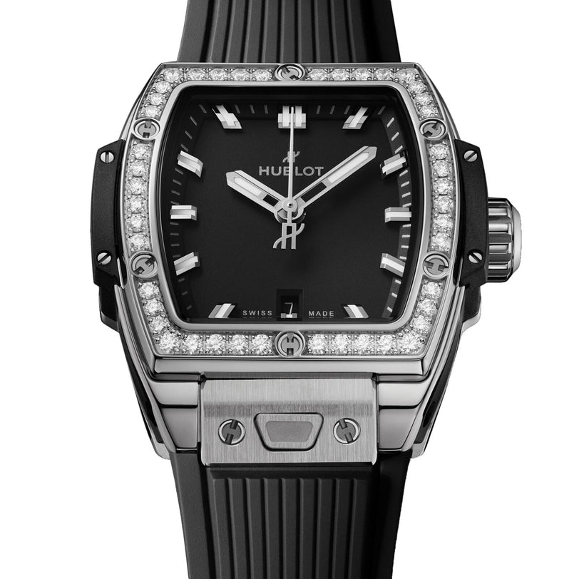 The Hublot Spirit Of Big Bang Steel Diamonds features a black dial, diamond bezel, silver hour markers, and a black rubber strap.