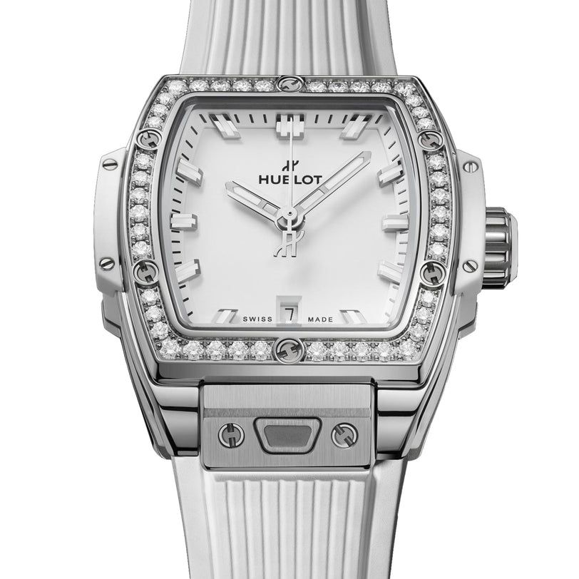 A Hublot Spirit Of Big Bang Steel White Diamonds wristwatch featuring a white dial, diamond bezel, silver markers, and a white strap, shown set to 10:07.
