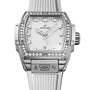 A Hublot Spirit Of Big Bang Steel White Diamonds wristwatch featuring a white dial, diamond bezel, silver markers, and a white strap, shown set to 10:07.