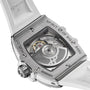Close-up of the back of a Hublot Spirit Of Big Bang Steel White Diamonds watch, highlighting its self-winding movement through a transparent case back and featuring a white strap.