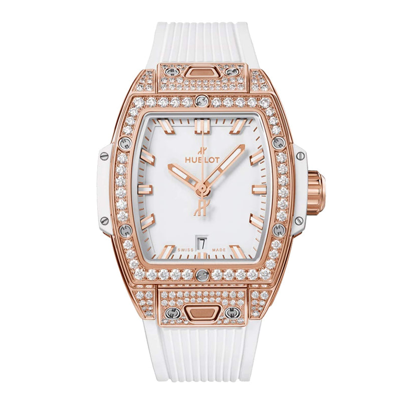 The Hublot Spirit Of Big Bang King Gold White Pavé features a rectangular face, King Gold accents, a diamond-set bezel, and a white rubber strap.
