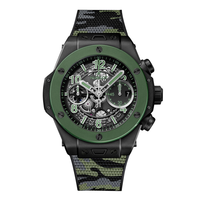 The Hublot Big Bang Unico The Watches of Switzerland Group Exclusive features a green bezel, skeleton dial, black case, chronograph dials, and a green and black camouflage strap inspired by the iconic Big Bang Unico design.