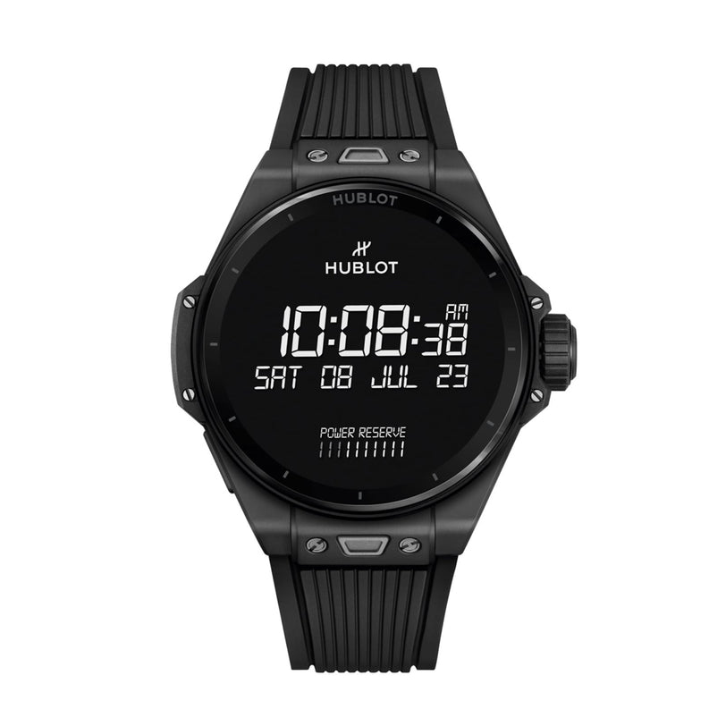 The Hublot Big Bang E Gen3 Black Magic is a black digital wristwatch that shows 10:08:38 AM, Saturday, July 8, and power reserve on its smart display, blending modern convenience with advanced technology.