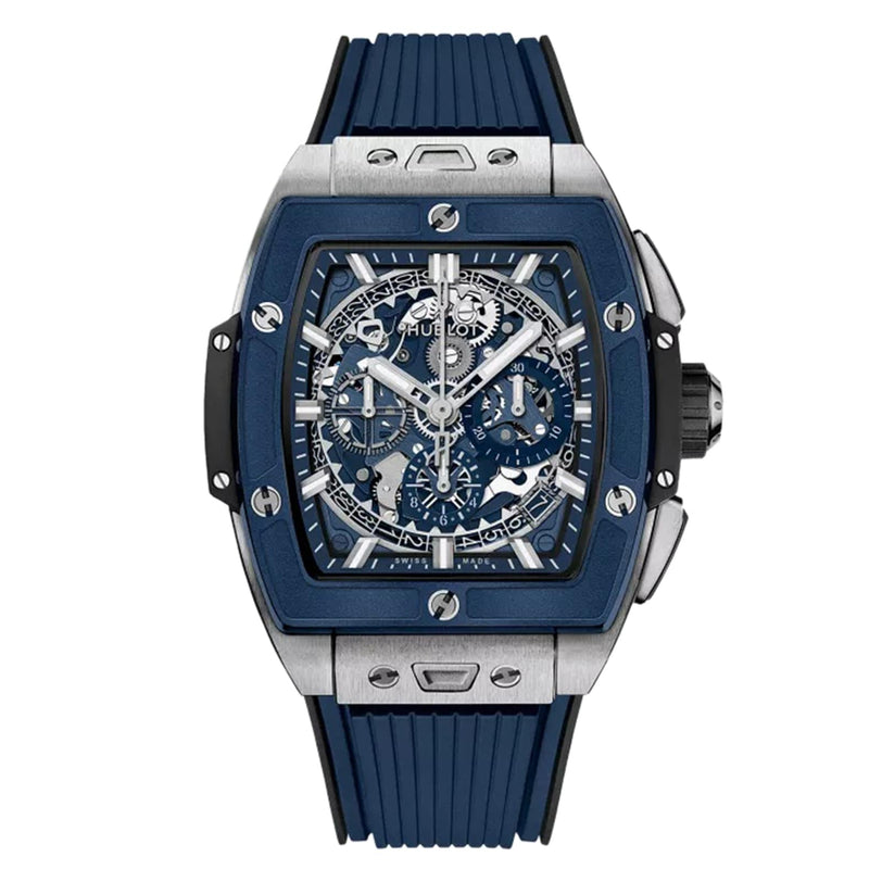 The Hublot Spirit Of Big Bang Titanium Blue Ceramic is a luxury Swiss wristwatch with a skeleton dial, blue rubber strap, and multiple subdials—a standout statement piece.
